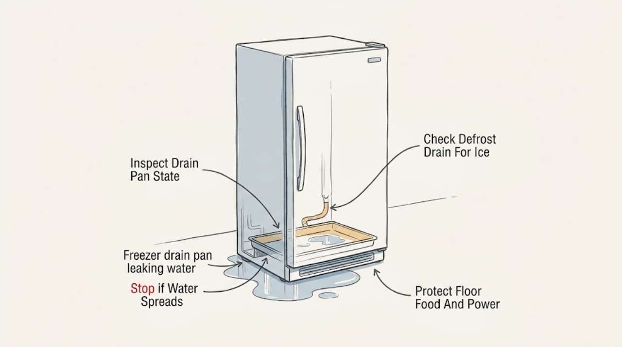 Freezer drain pan leaking water
