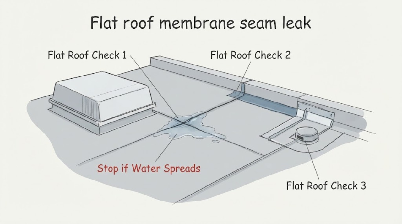 Flat roof membrane seam leak