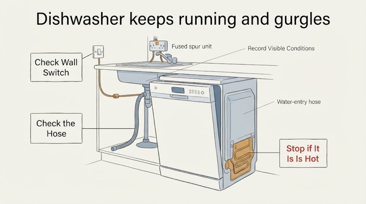 Dishwasher keeps running and gurgles