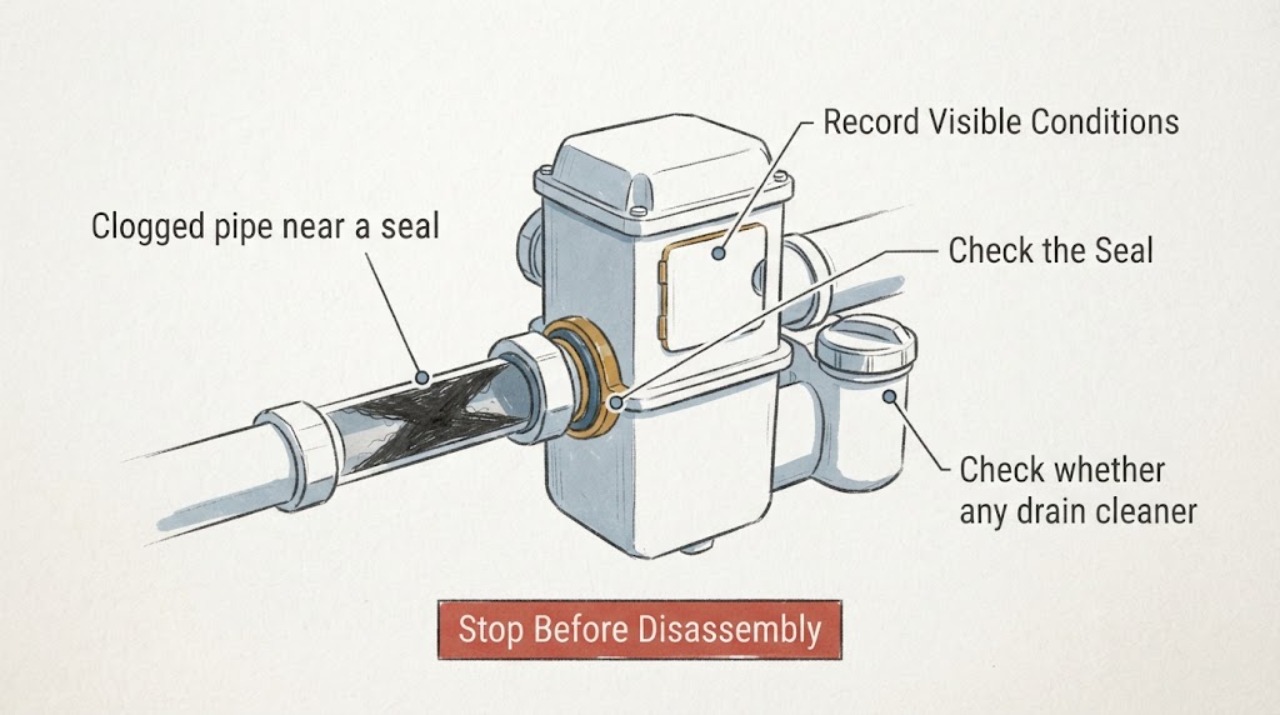 Clogged pipe near a seal