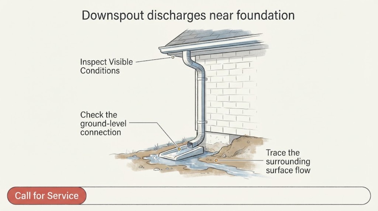 Downspout discharges near foundation