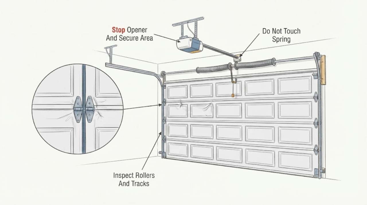 Garage door hinge panel damaged
