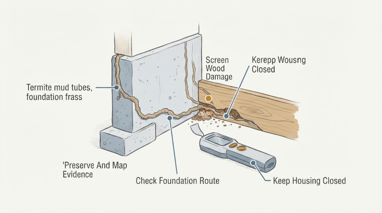 Termite mud tubes, foundation frass
