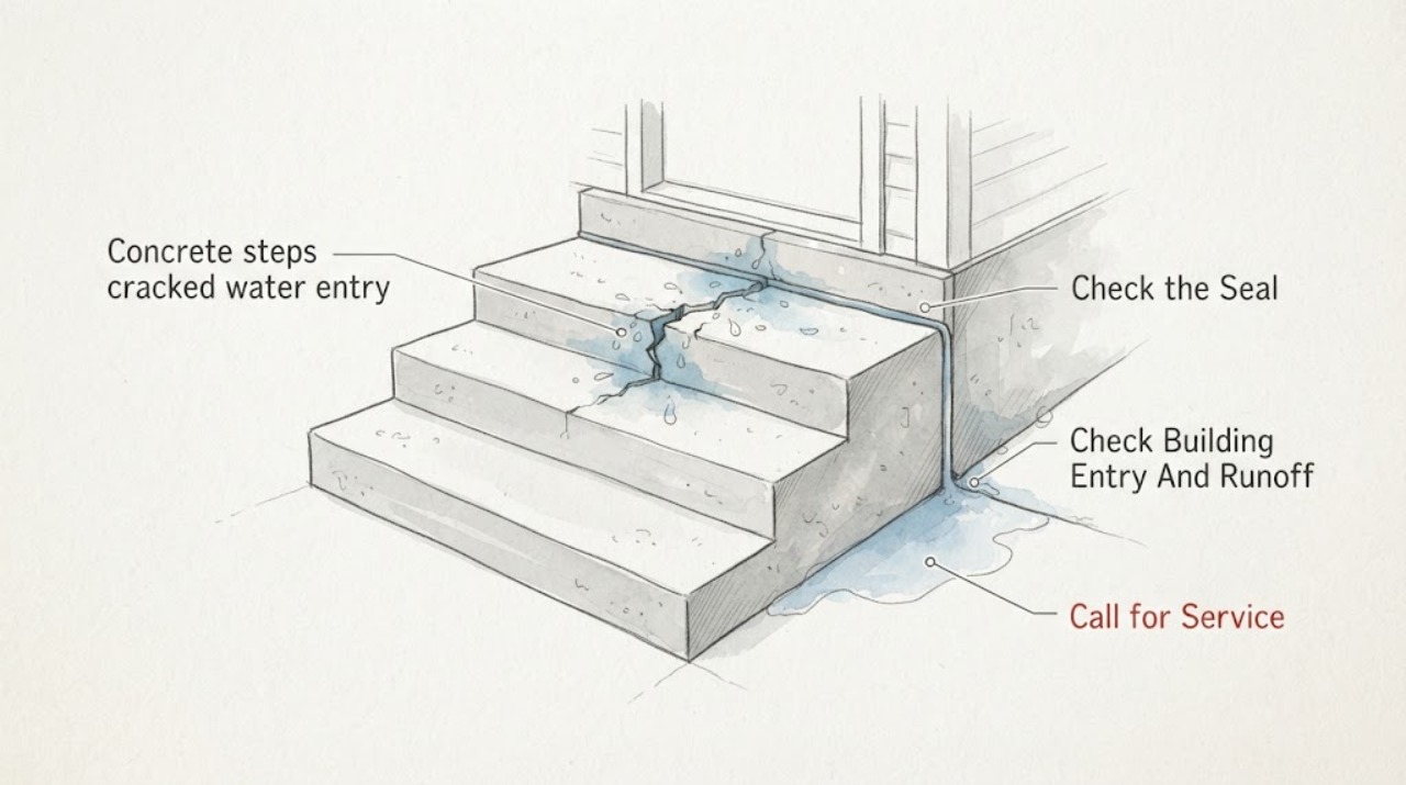 Concrete steps cracked water entry