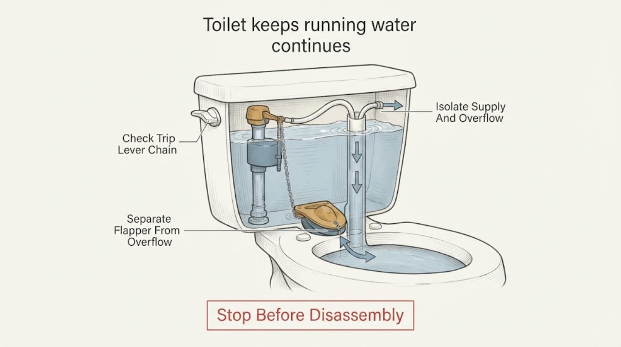 Toilet keeps running water continues