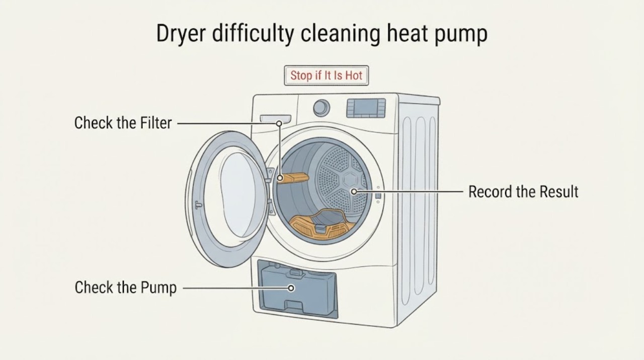 Dryer difficulty cleaning heat pump
