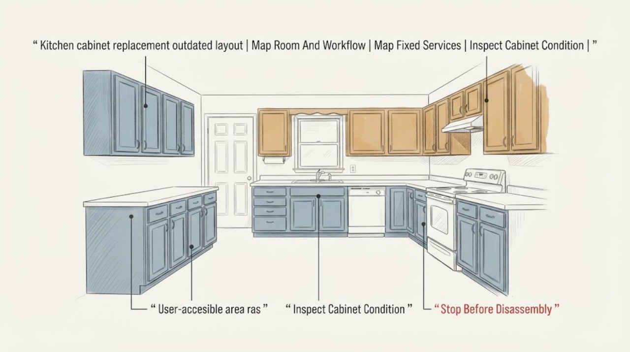 Kitchen cabinet replacement outdated layout