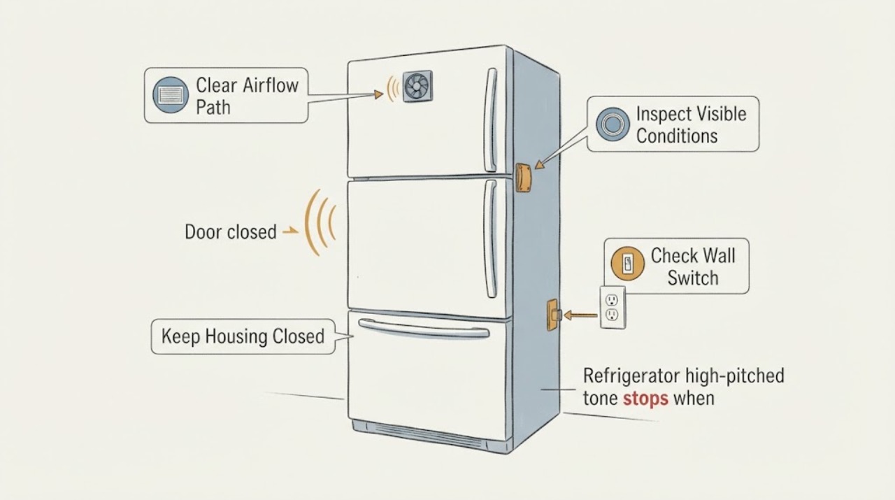 Refrigerator high-pitched tone stops when