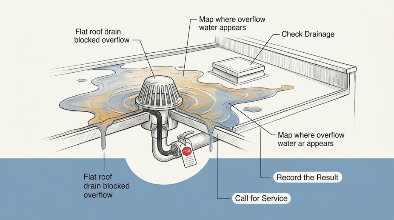 Flat roof drain blocked overflow