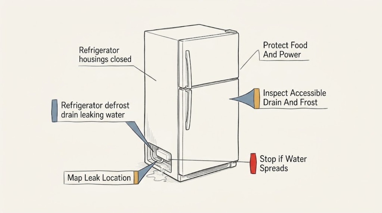 Refrigerator defrost drain leaking water