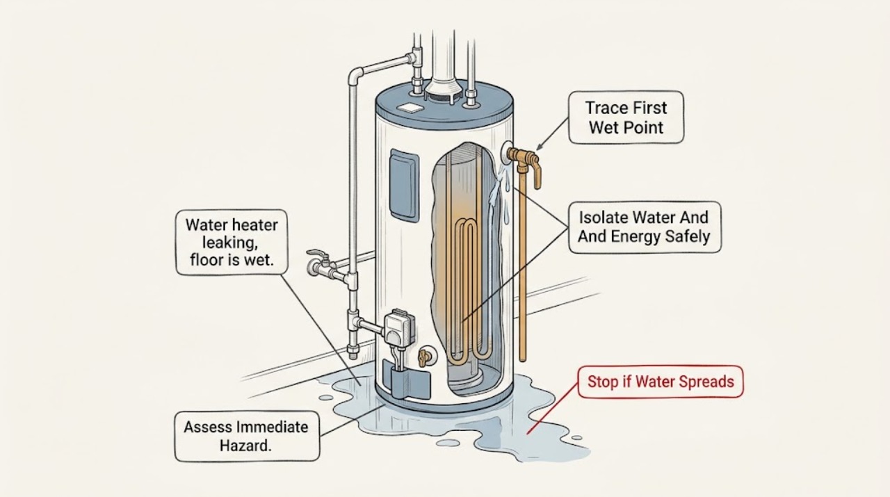 Water heater leaking, floor is