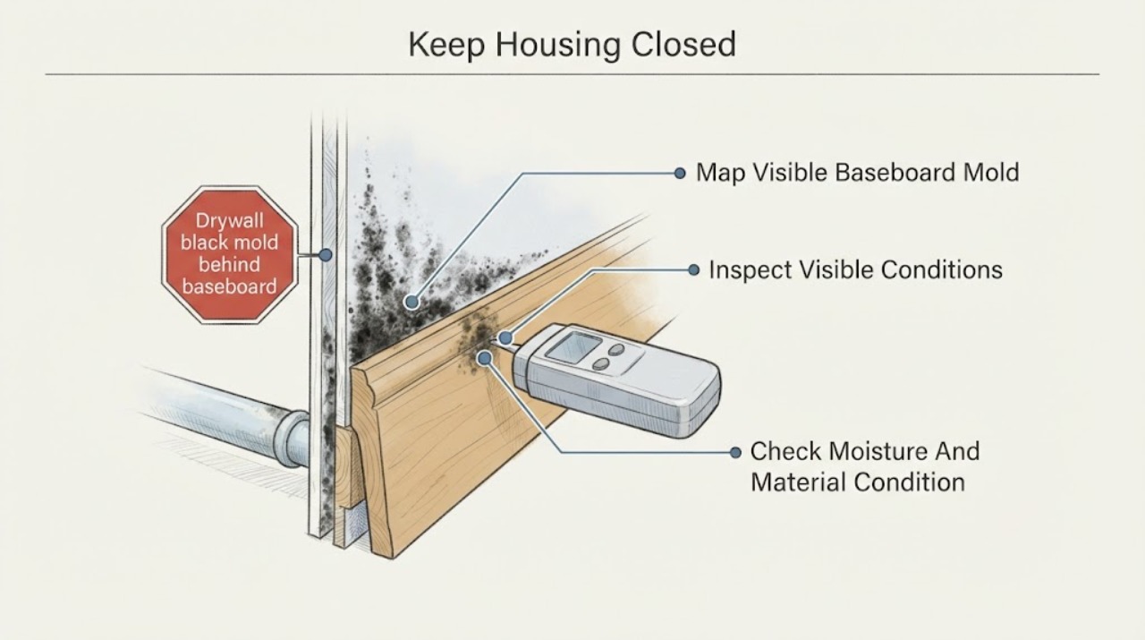 Drywall black mold behind baseboard