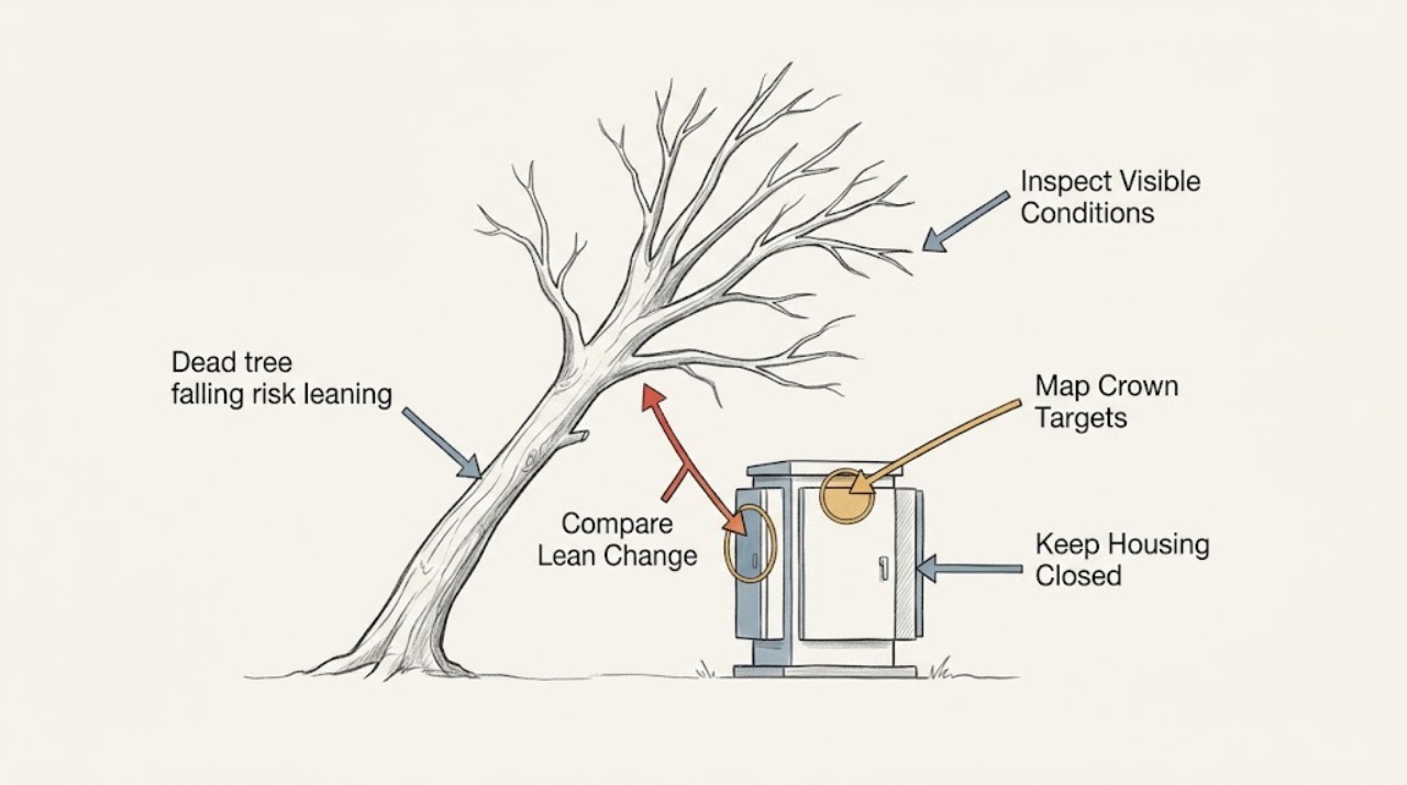 Dead tree falling risk leaning