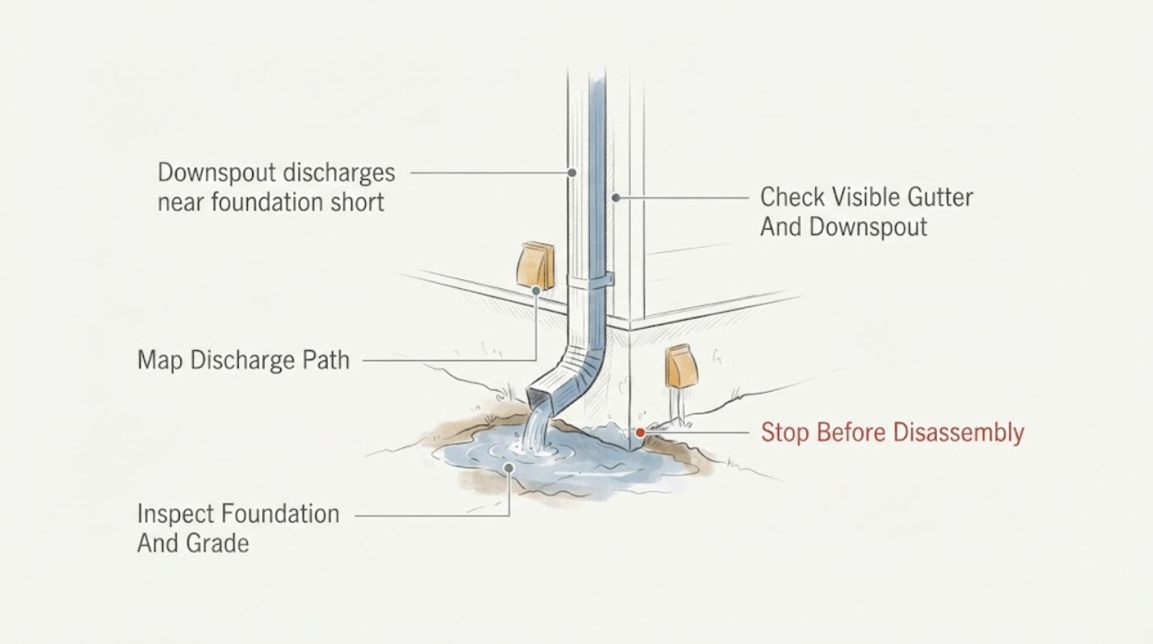 Downspout discharges near foundation short