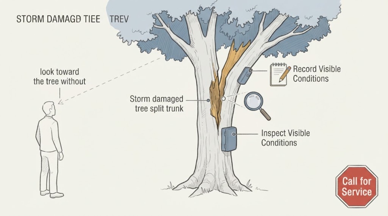 Storm damaged tree split trunk