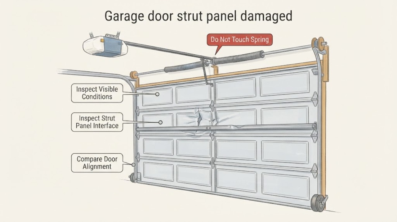 Garage door strut panel damaged