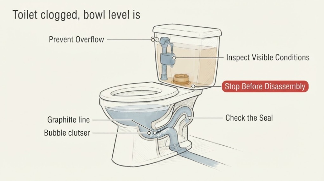 Toilet clogged, bowl level is