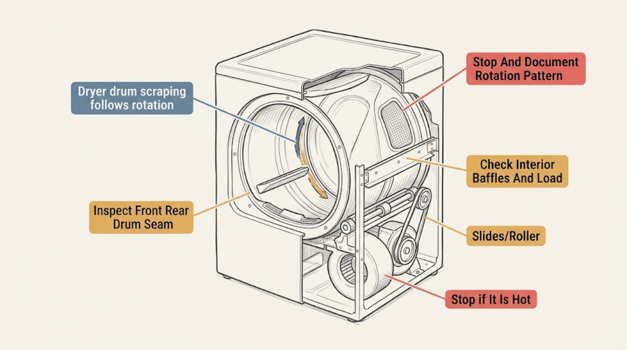 Dryer drum scraping follows rotation