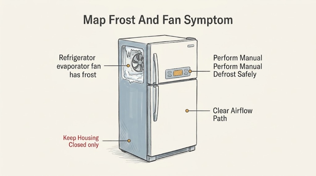 Refrigerator evaporator fan has frost