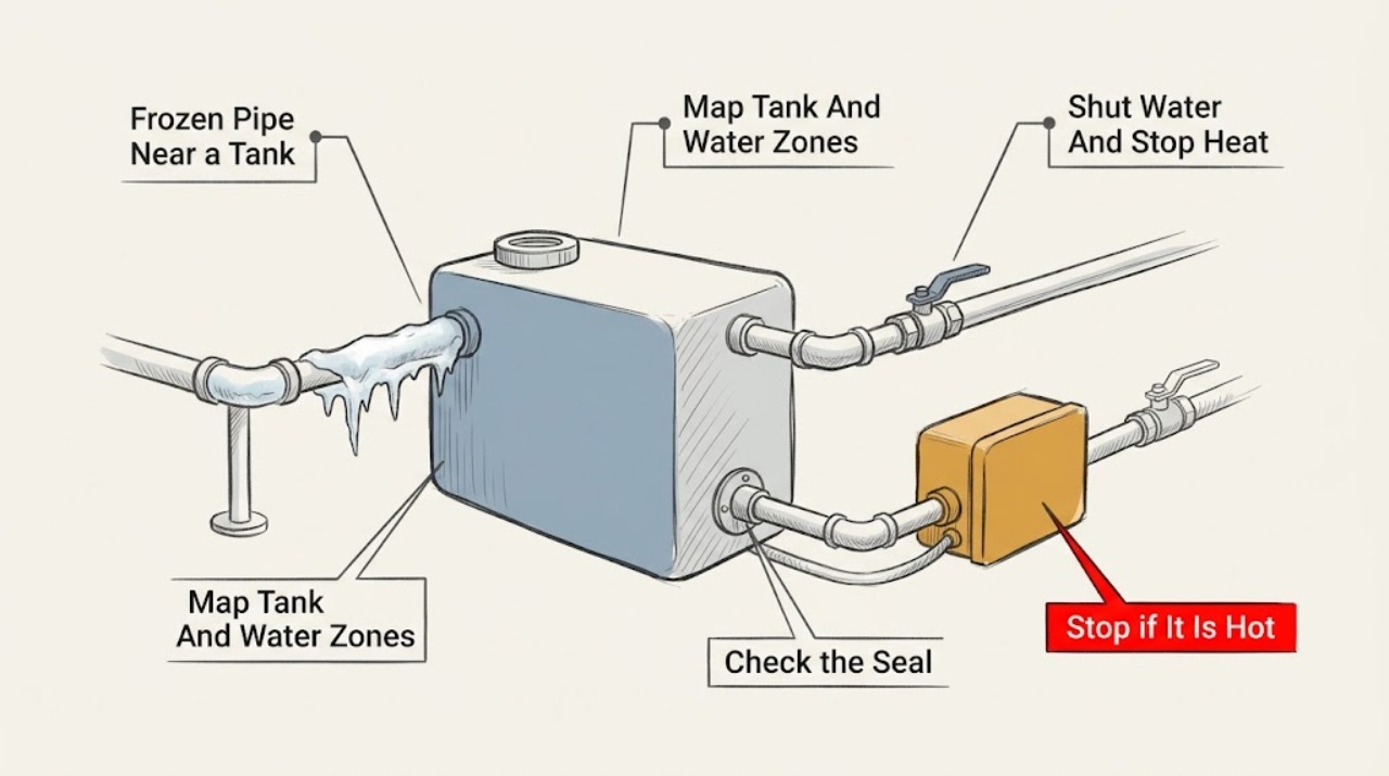 Frozen Pipe Near a Tank