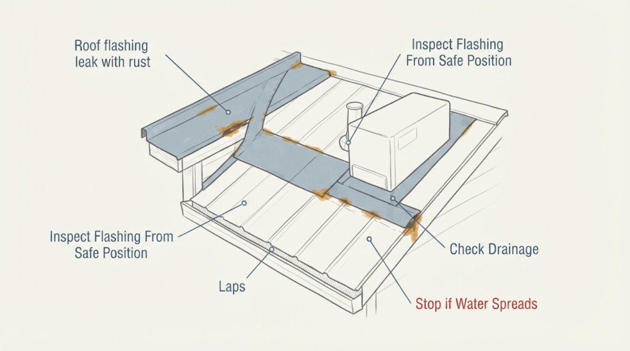 Roof flashing leak with rust