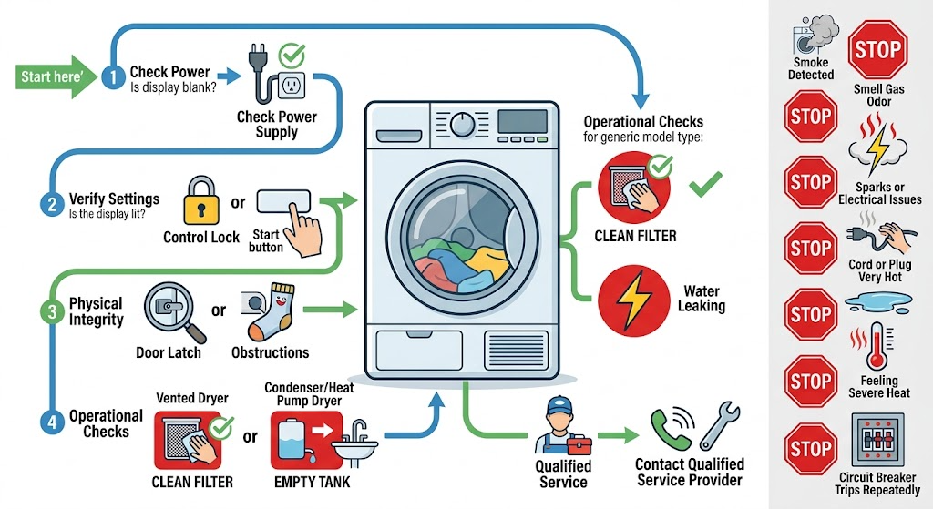 Dryer Not Starting: Separate Power, Controls, Door, and Safety Faults