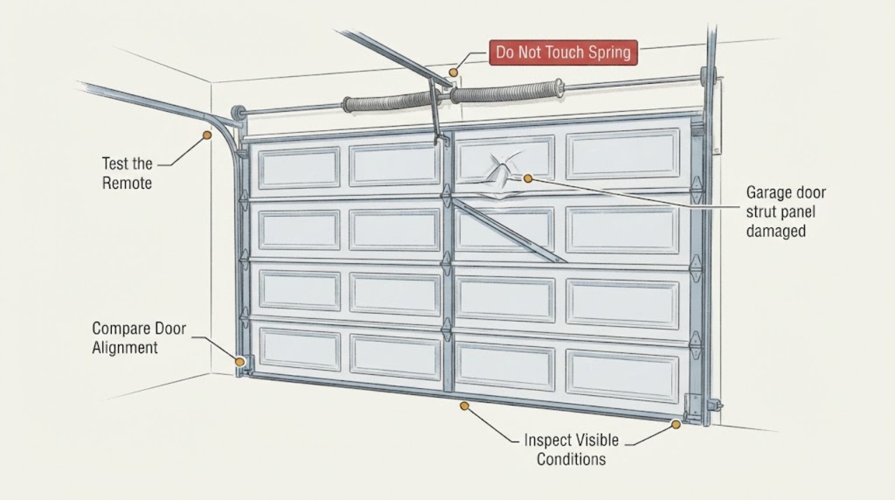 Garage door strut panel damaged