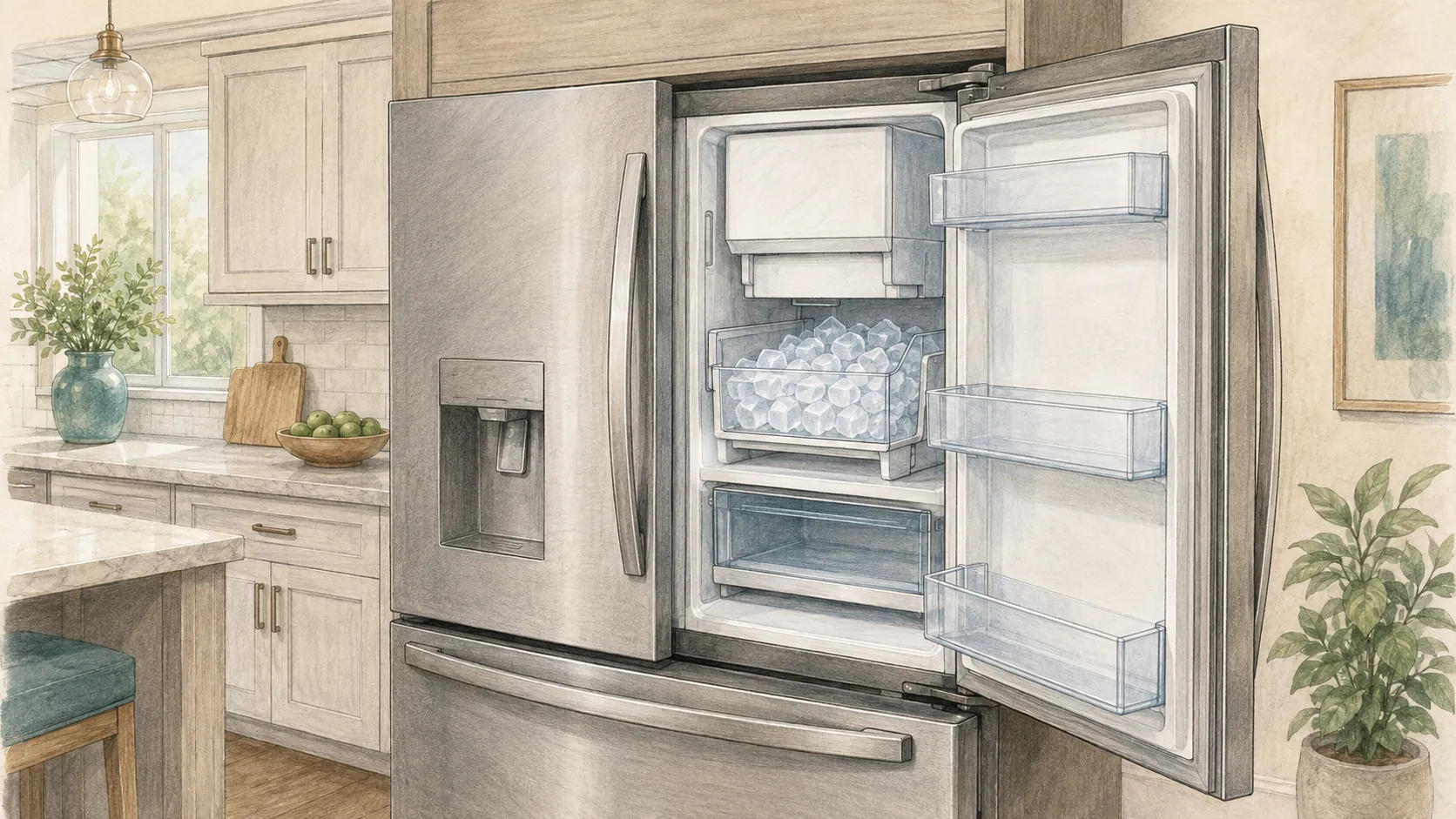 Illustration of a refrigerator with a built-in ice maker and an accessible ice storage bin.