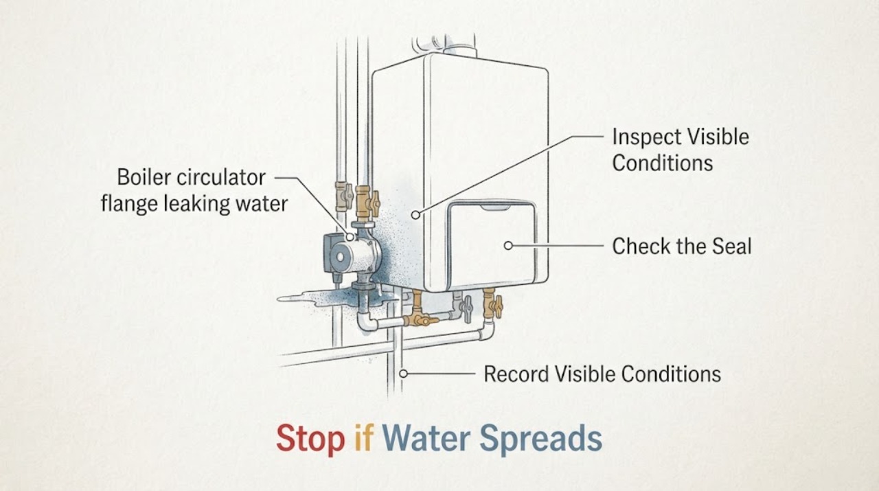 Boiler circulator flange leaking water