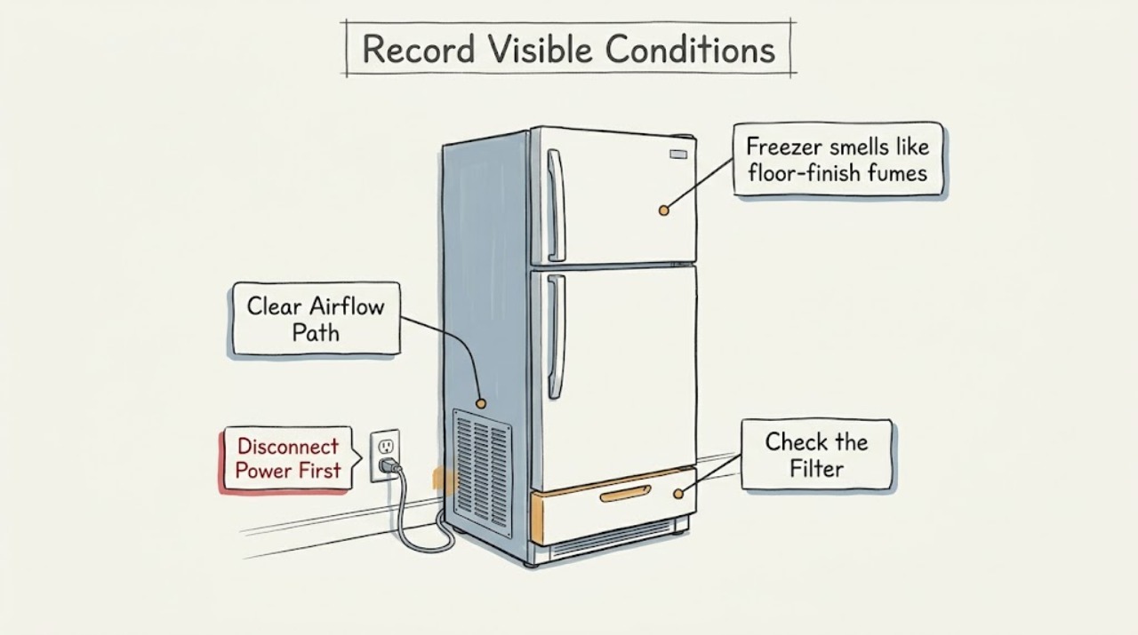 Freezer smells like floor-finish fumes