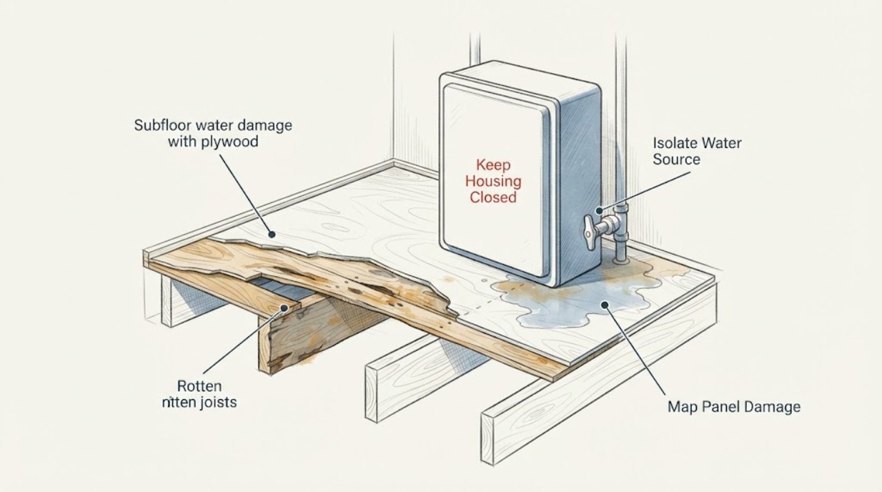 Subfloor water damage with plywood