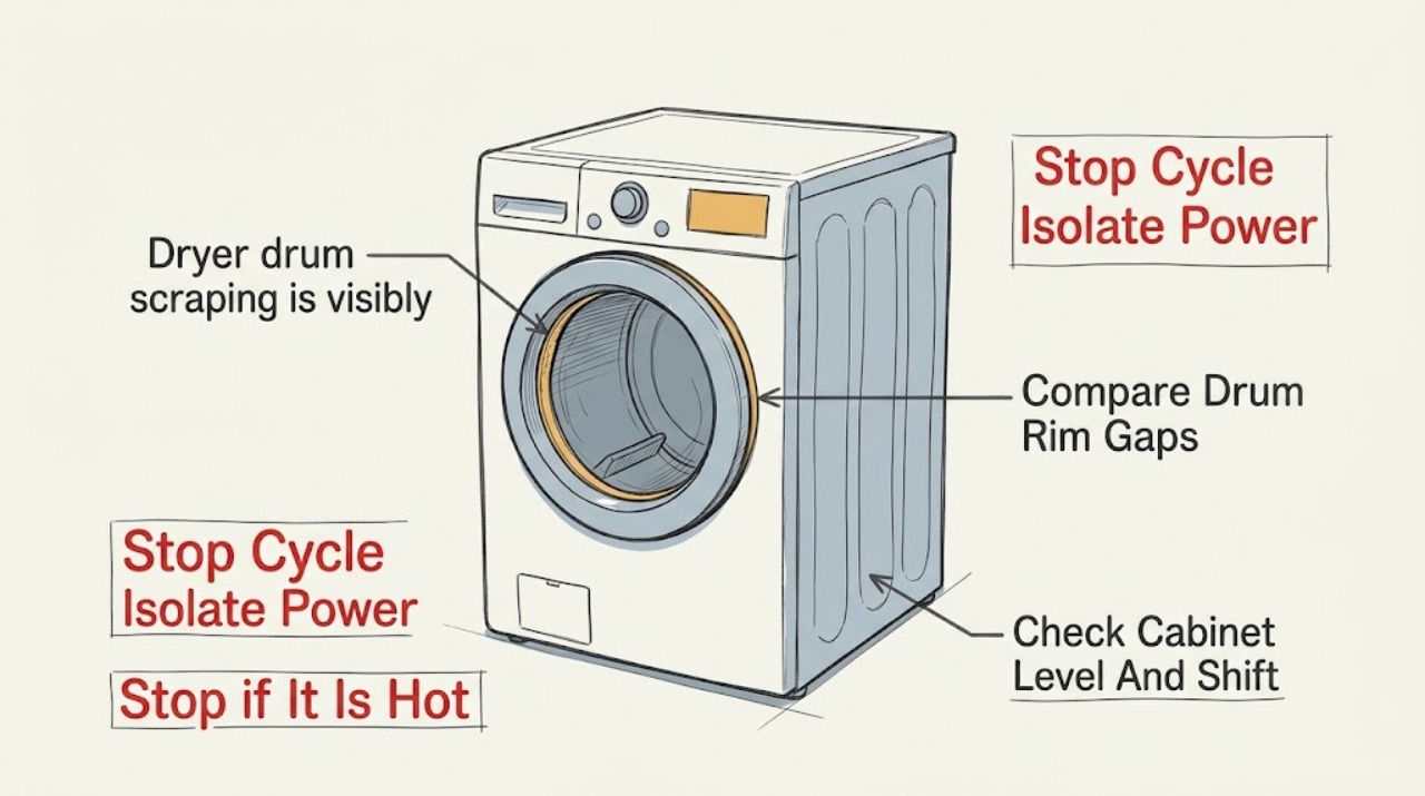 Dryer drum scraping is visibly