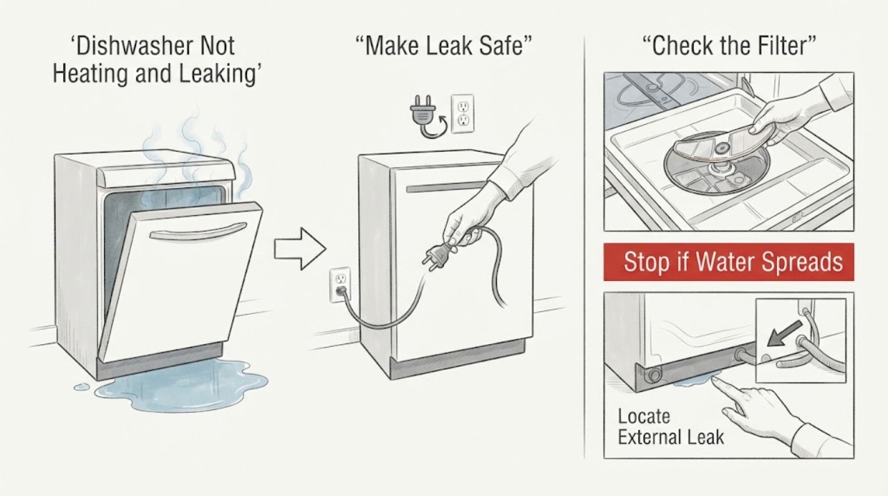 Dishwasher Not Heating and Leaking
