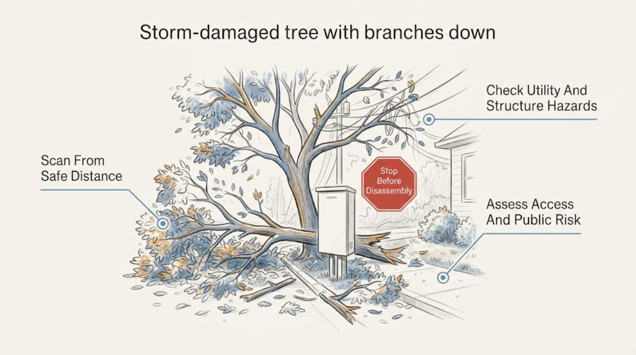 Storm-damaged tree with branches down
