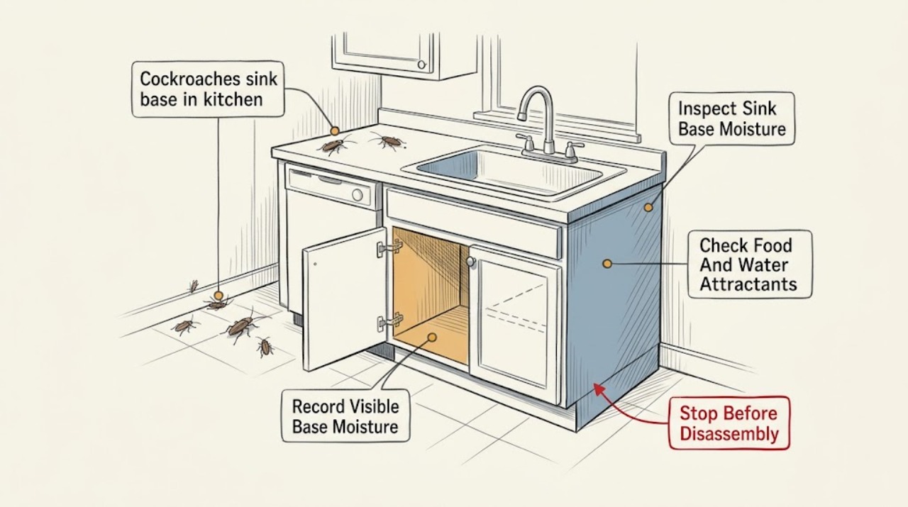 Cockroaches sink base in kitchen