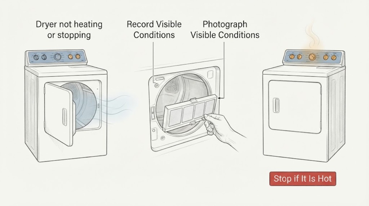 Dryer not heating or stopping