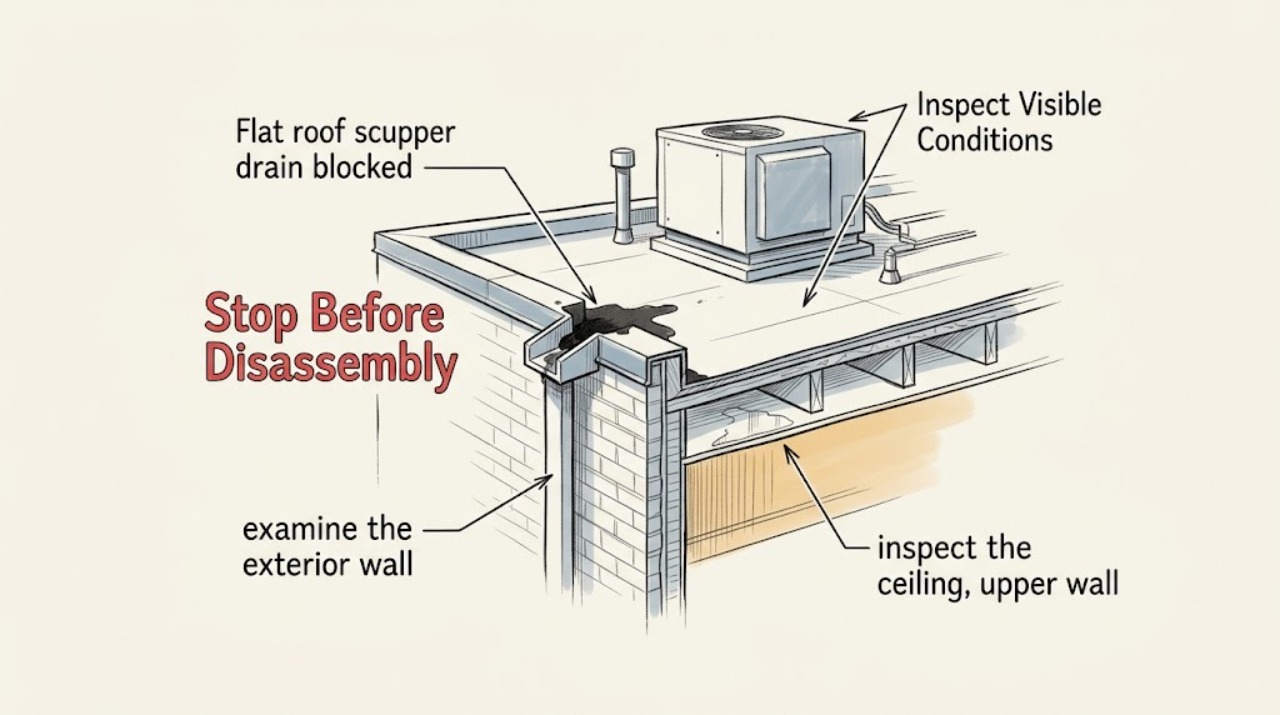 Flat roof scupper drain blocked