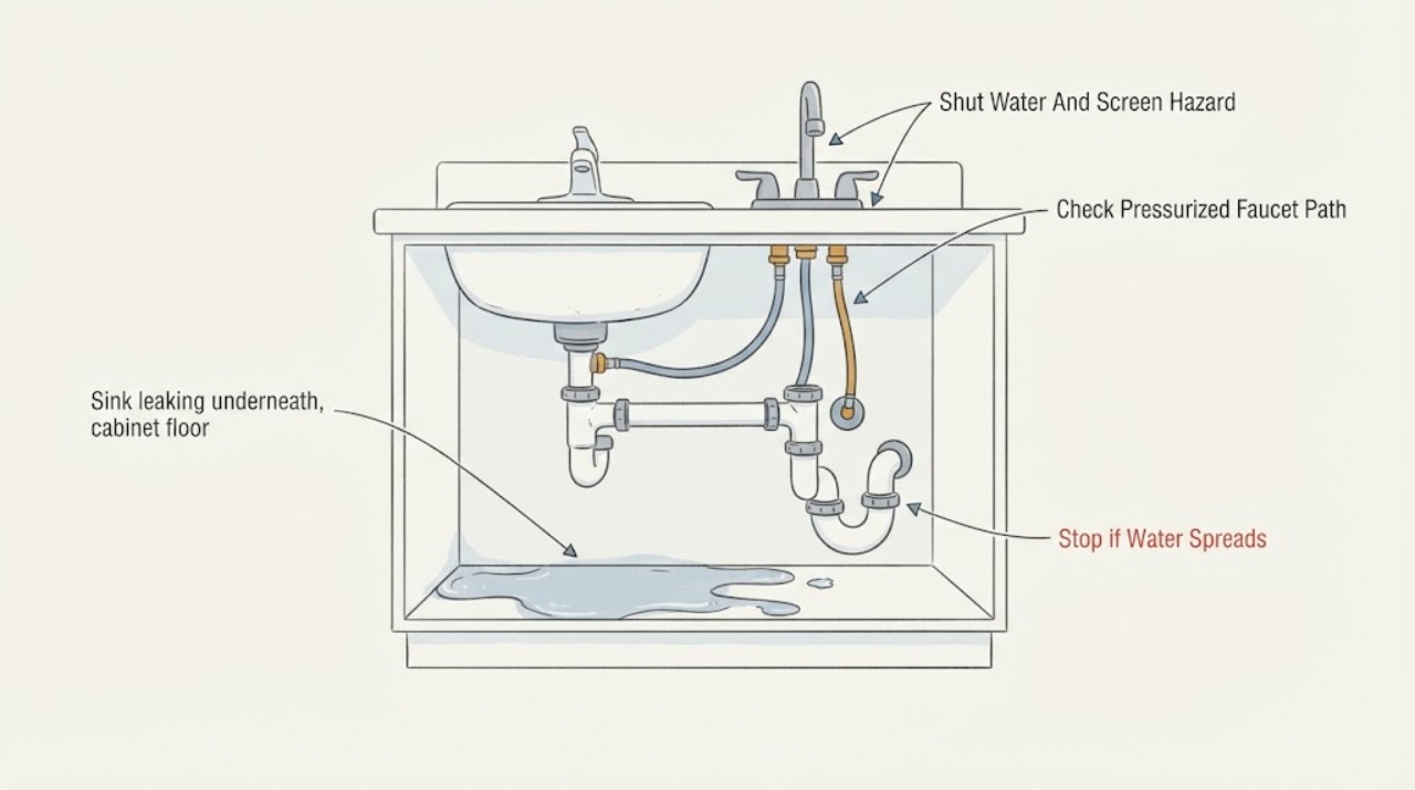 Sink leaking underneath, cabinet floor