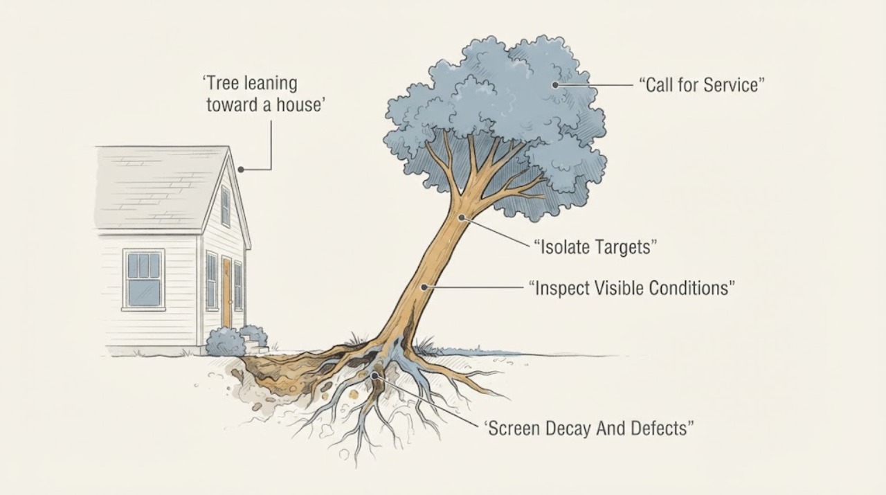 Tree leaning toward a house