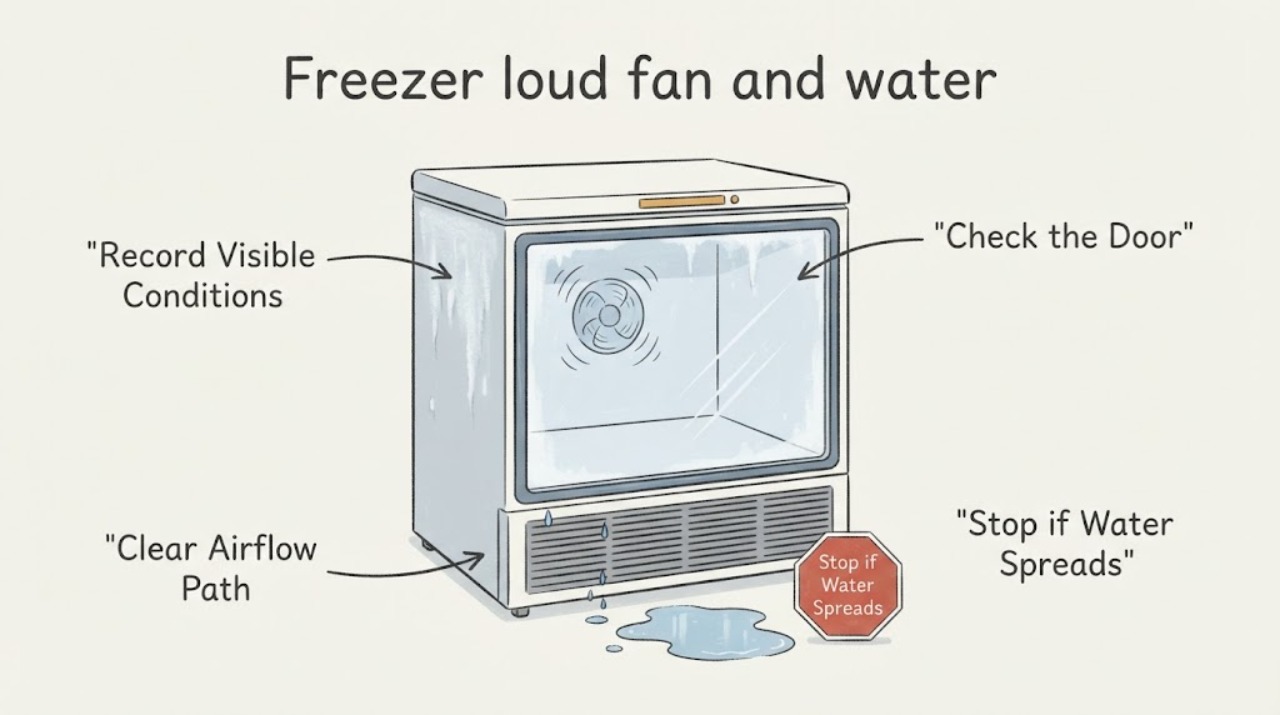 Freezer loud fan and water