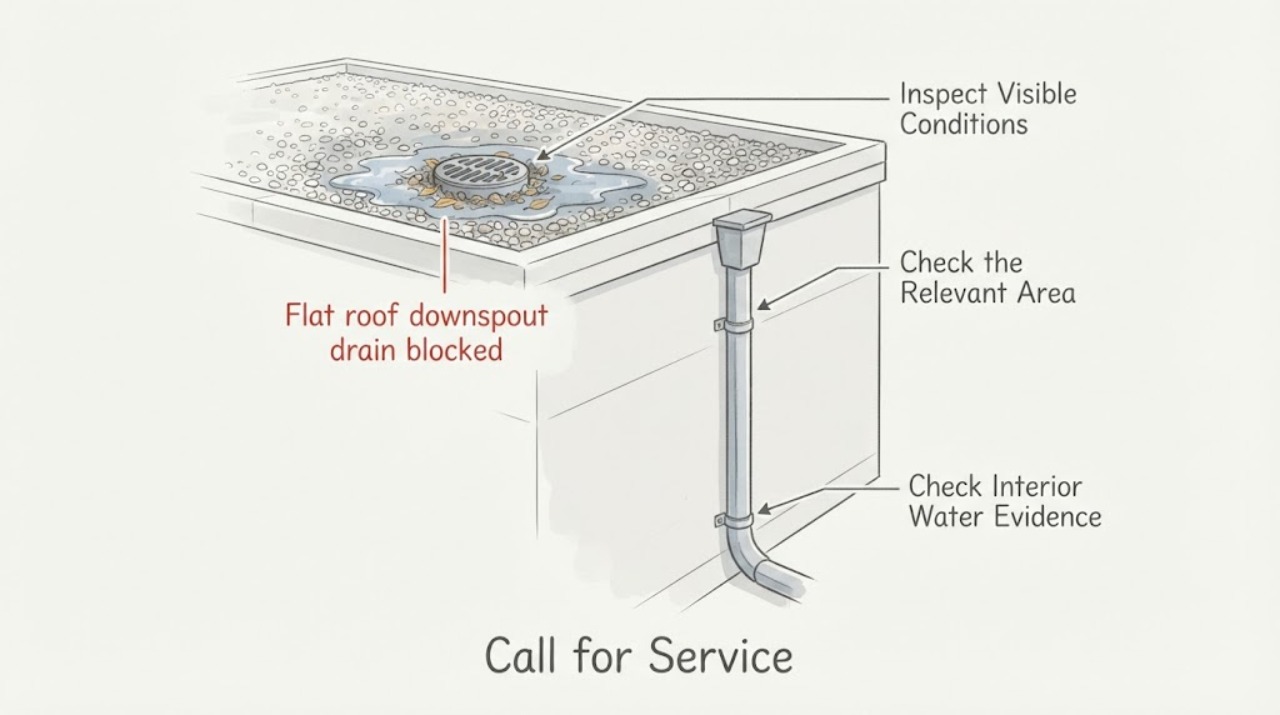 Flat roof downspout drain blocked
