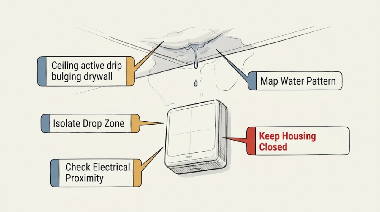 Ceiling active drip bulging drywall