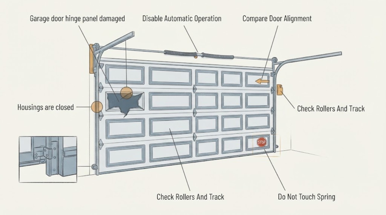 Garage door hinge panel damaged