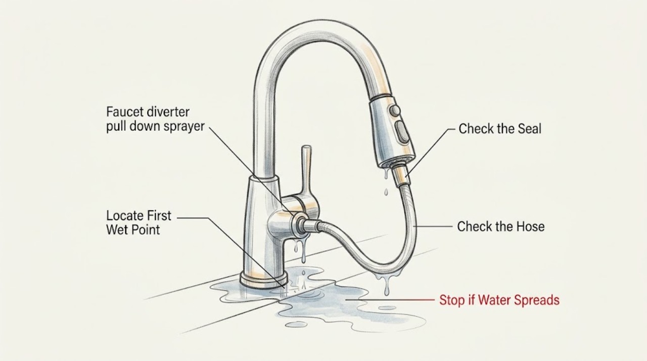Faucet diverter pull down sprayer