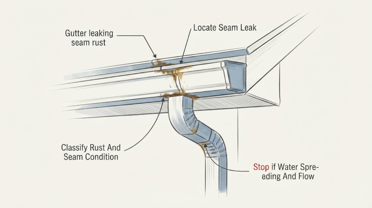Gutter leaking seam rust
