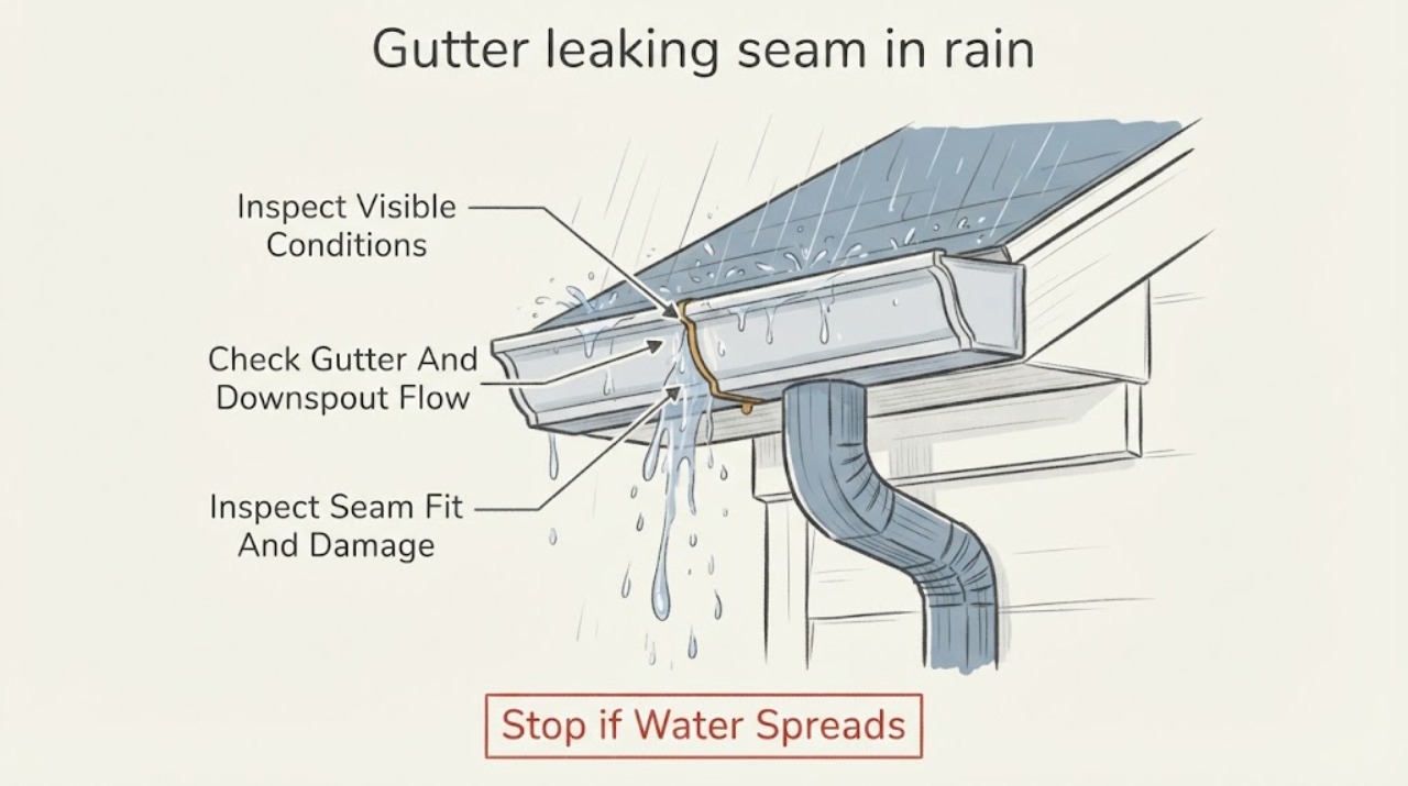 Gutter leaking seam in rain