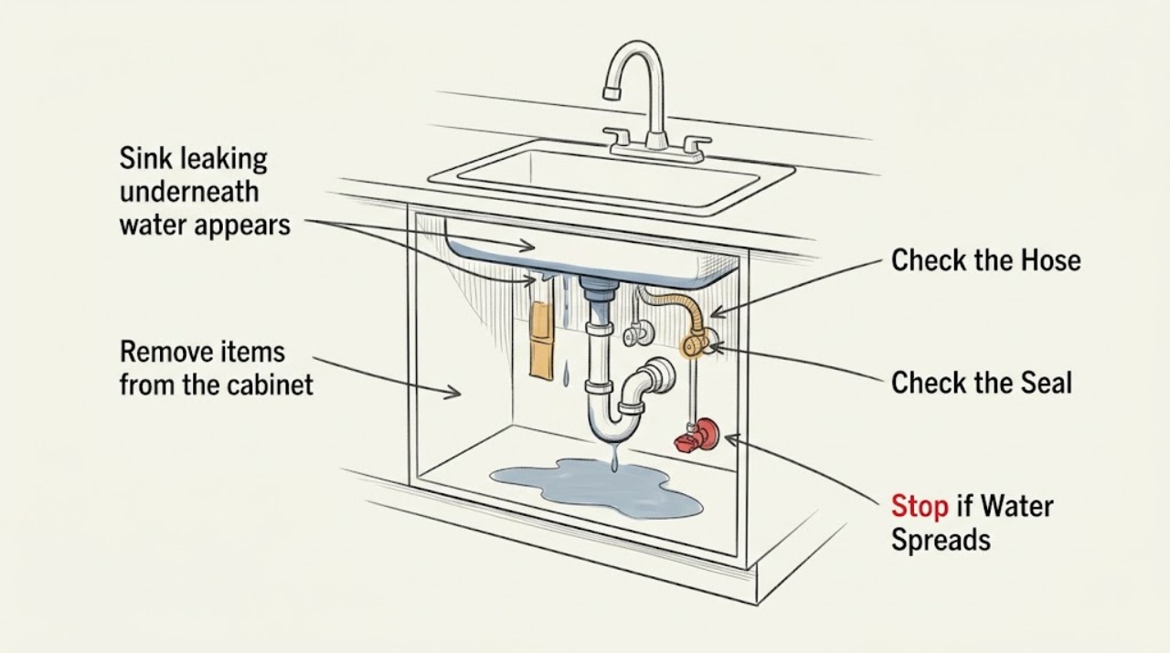 Sink leaking underneath water appears