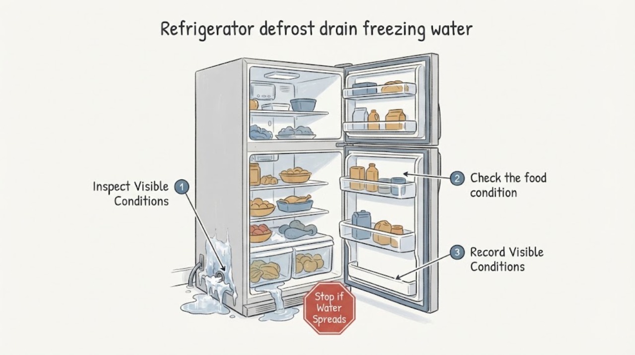 Refrigerator defrost drain freezing water