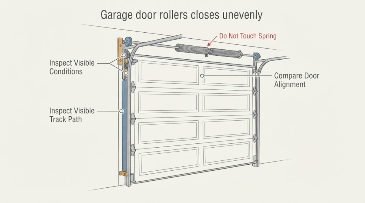 Garage door rollers closes unevenly