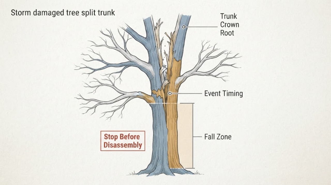 Storm damaged tree split trunk